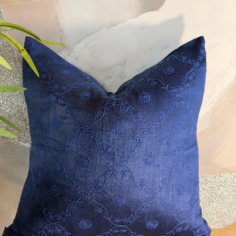 Elegant Blue Embroidered Throw Pillow